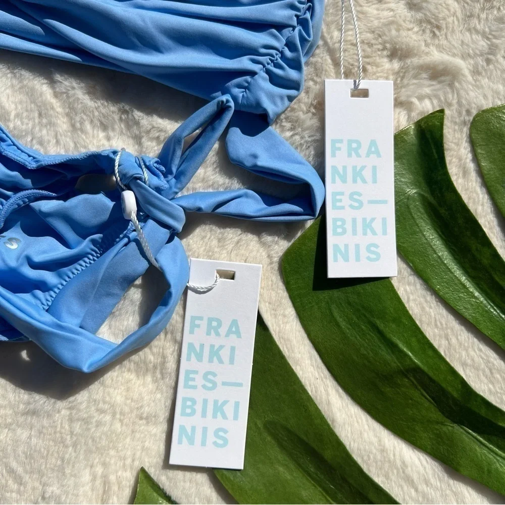 Frankie’s Bikinis Carrie Knot Top Colby Tie Side Bikini Set Chambray Blue NWT